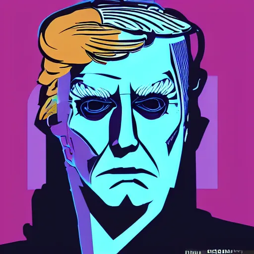 Image similar to cyberpunk robotic donald trump, sharp lines, digital, artstation, colored in