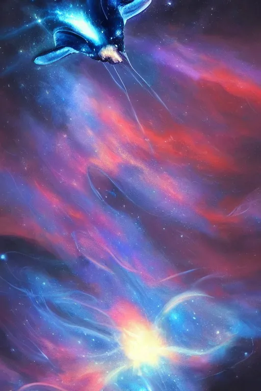 Image similar to Ethereal blue fire dolphins flying through a nebula, Sirius star system, star dust, cosmic, magical, shiny, glow,cosmos, galaxies, stars, outer space, stunning, by andreas rocha and john howe, and Martin Johnson Heade, featured on artstation, featured on behance, golden ratio, ultrawide angle, hyper detailed, photorealistic, epic composition, wide angle, f32, well composed, UE5, 8k