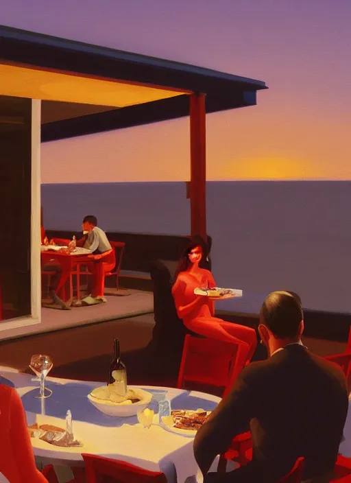 Prompt: Italian aperitivo at the seaside at sunset by Edward Hopper and James Gilleard, 8k, octane render, ultra sharp, detailed digital art