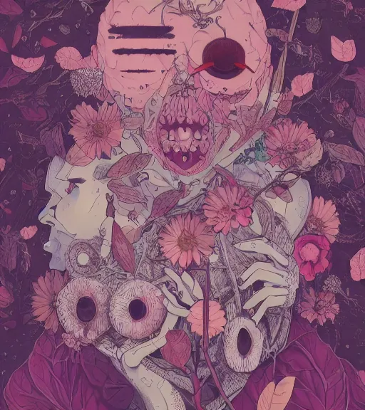 Prompt: portrait, nightmare anomalies, leaves with a flower by miyazaki, violet and pink and white palette, illustration, kenneth blom, mental alchemy, james jean, pablo amaringo, naudline pierre, contemporary art, hyper detailed