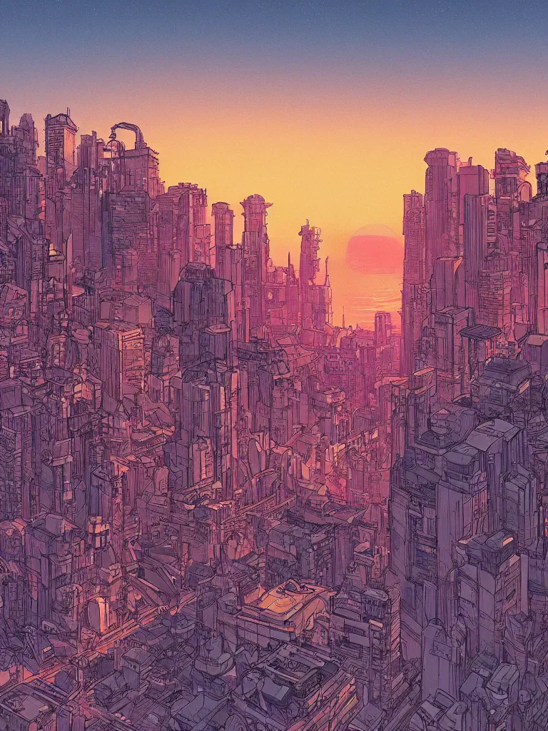 Image similar to a digital art of sunset, a metropolis beside the river, by laurie greasley, artstation, studio ghibli color scheme