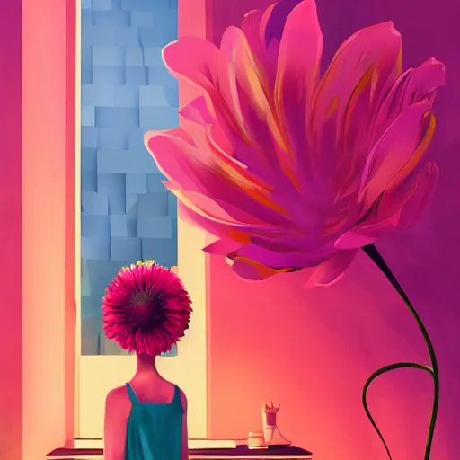 Image similar to closeup, giant flower head, woman next to modern windows, luxury apartment, surreal photography, dramatic light, impressionist painting, digital painting, artstation, james gilleard