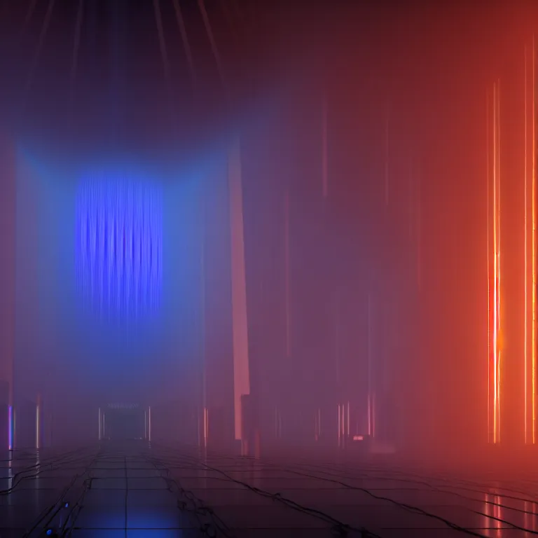 Prompt: an immaculate volumetric lighting octane redshift render of a large rack of beautiful iridescent device at che center of a in a vast modern datacenter, fog, god rays, and nixie tubes by Zdzisław Beksiński and beeple, beautiful modern colors, ultradetailed, 4k ultra