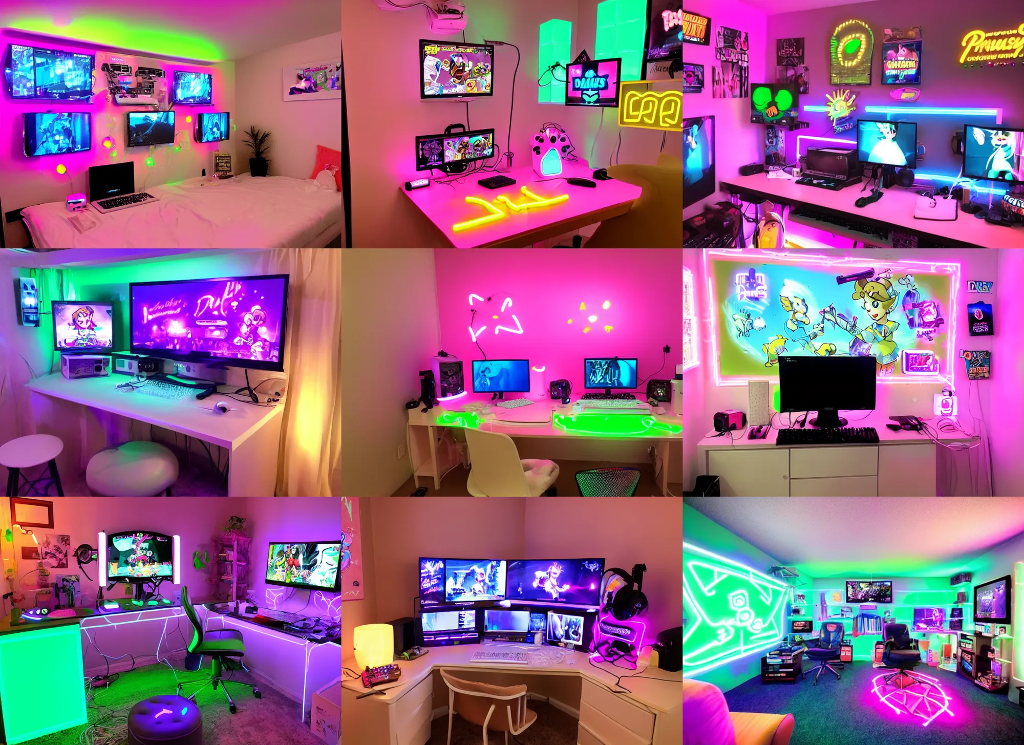 Prompt: Princess Daisy as a twitch streamer, gamer room with neon lights, professional setup