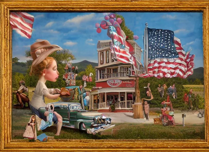 Image similar to americana tourism, lowbrow, matte painting, 3 - d highly detailed, in the style of mark ryden,