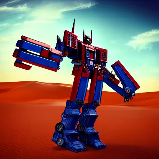 Image similar to medium portrait of optimus prime transformer emblazoned with the nigerian flag standing in the middle of a deserted highway in the sahara desert, super hero pose, dramatic sky, concept art, trending on art station, aaa video game art, hyper realism, octane render