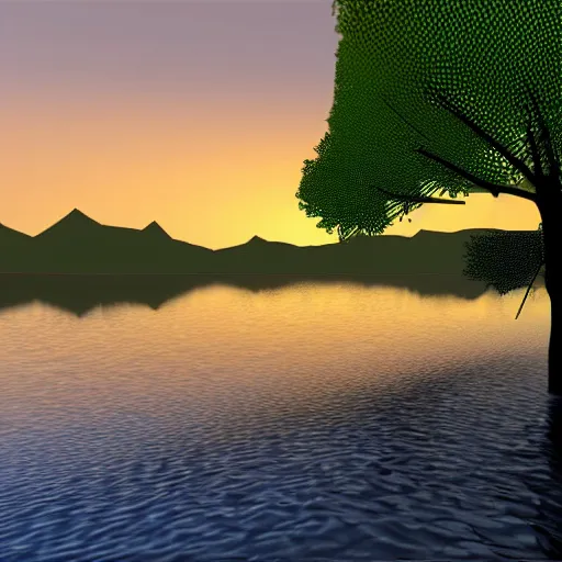 Image similar to a tree in a river, sunset, low poly