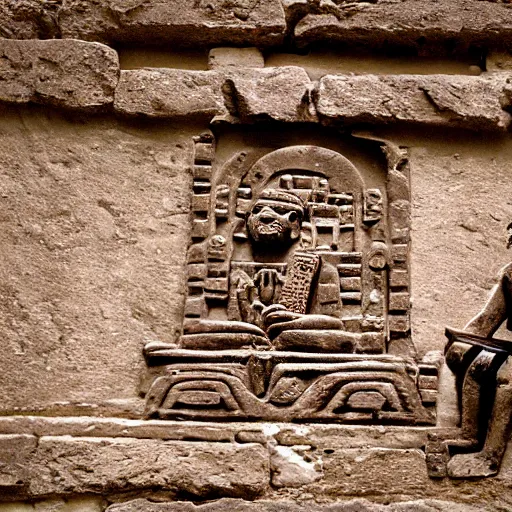 Prompt: a photograph of an ancient ruin monument depicting a man playing a synthesizer, maya, inka, aztec