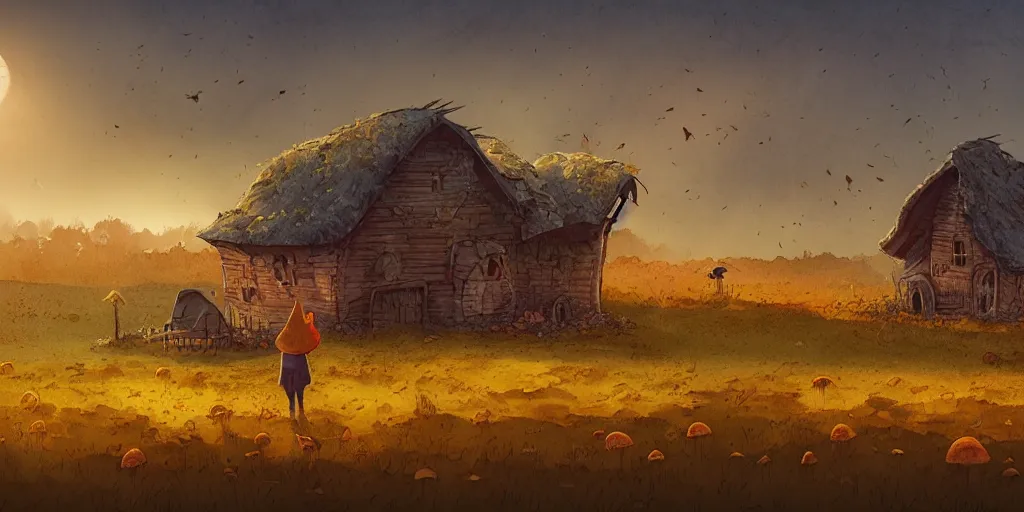 Prompt: epic illustration, incredible wide screenshot, ultrawide, simple watercolor, rough paper texture, autumn, mushroom house, pumpkin patch, scarecrow, realism, pale beige sky, texture, brown mud, dust, backlit distant shot a scenic environment by Anton Fadeev