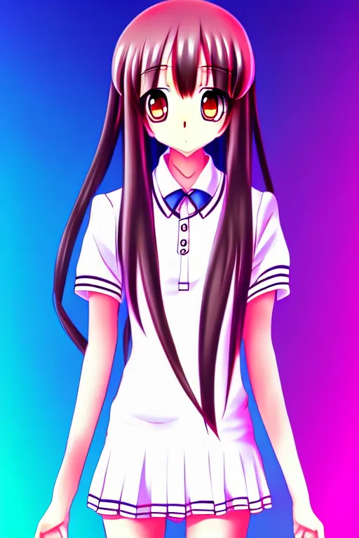 Image similar to full body anime portrait of a cute girl round eyes long hair dressed in a school uniform cinematic highly detailed 4 k neon anatomically correct