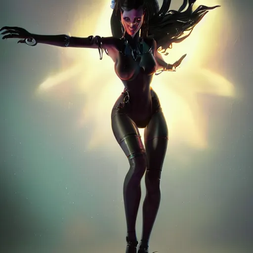 Image similar to dark evil girl, beautiful girl, darkness aura, full body, artstation, 4k, octane render, unreal engine 5, Hajime Sorayama, Bruce Pennington,