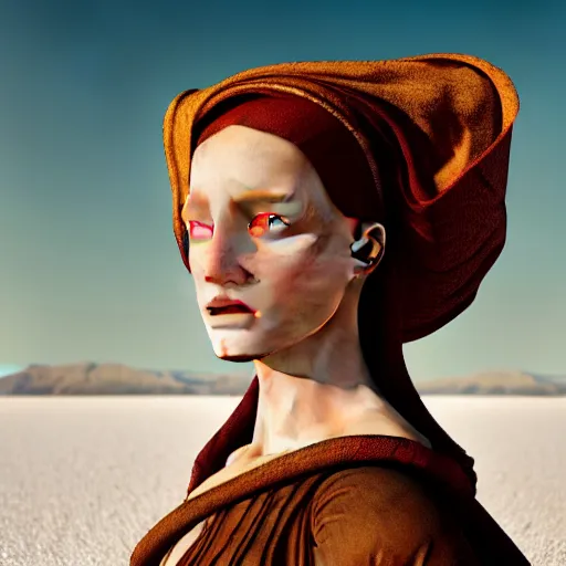 Image similar to photographic portrait of a stunningly beautiful middle ages renaissance female in strong sunshine on a salt flat, contemporary fashion shoot, by edward robert hughes, annie leibovitz and steve mccurry, david lazar, jimmy nelsson, breathtaking, 8 k resolution, extremely detailed, beautiful, establishing shot, artistic, hyperrealistic, beautiful face, octane render