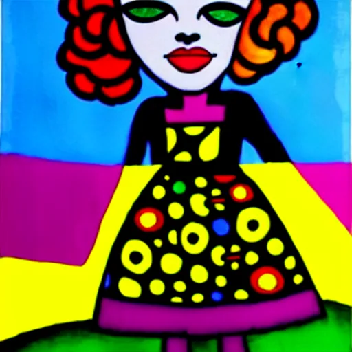 Prompt: paint girl in dress in the wind, style of romero britto