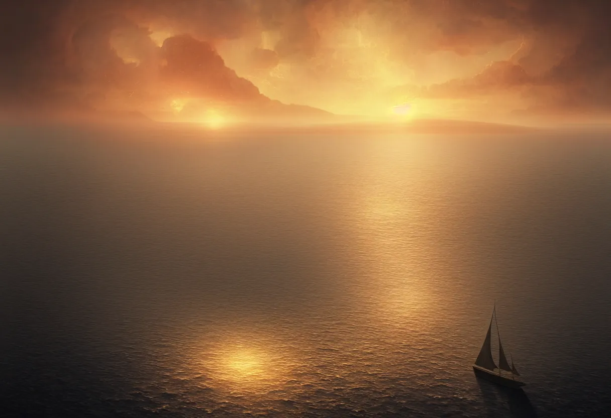 Image similar to strange sea surface of autumn planet at sunset, sailing ship on horizon, ultra high definition, ultra detailed, symmetry, fog, matte painting, by greg rutkowski and ross tran and wlop