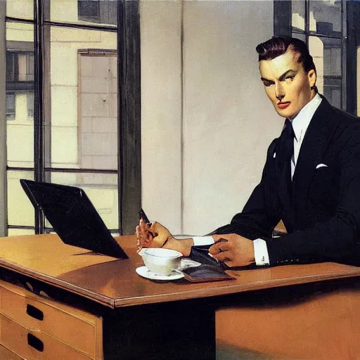 Prompt: man in desk with coffee and black suit by leyendecker and dean cornwell, 8 feet from the camera, 6 0 ´ s german design furniture