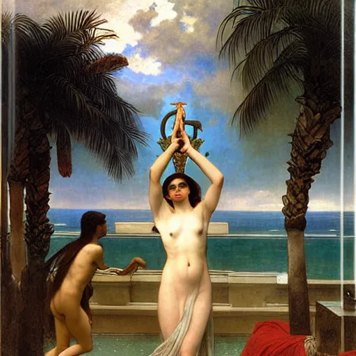 Image similar to Demon girl at the giant column, thunderstorm, greek pool, beach and palm trees on the background major arcana sky, by paul delaroche, alphonse mucha and arnold böcklin arnold böcklin hyperrealistic 8k, very detailed