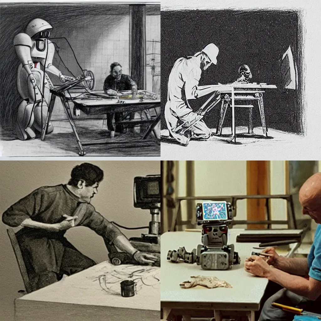 Prompt: A film still of a painter sitting at a table being dragged from his drawing table by a robot