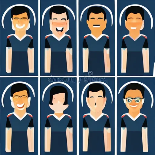 Image similar to team of 8 excited people in team uniform, vector illustration, minimal face features, vector illustration, white background