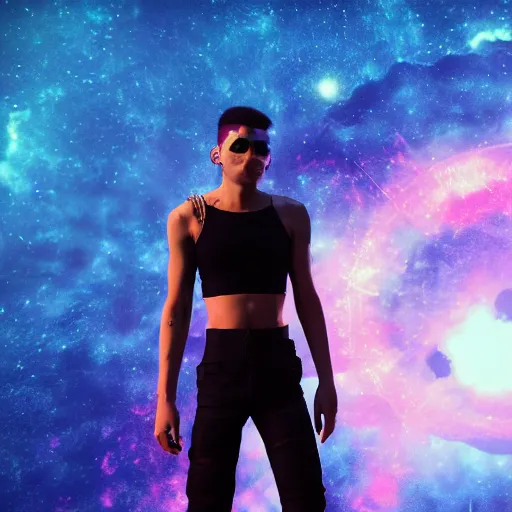 Image similar to A beautiful boy wearing a black mesh crop top and black shorts standing in a mad max cage. The boy is surrounded by a colorful nebula. Cyberpunk, Digital Art, unreal engine 5, 50mm, f2.8