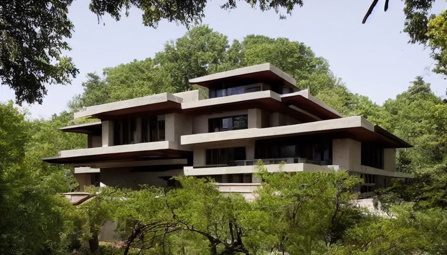 Image similar to modern villa, tibetan inspired architecture, on a green hill between trees, frank lloyd wright, photorealistic,