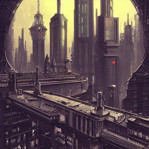 Image similar to victorian cyberpunk cityscape