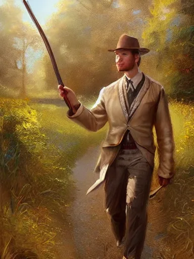 Image similar to a handsome young man, holding a adorned cane. walking in a rural area. intricate, elegant, highly detailed, digital painting, artstation, concept art, sharp focus, illustration, by justin gerard and artgerm, 8 k