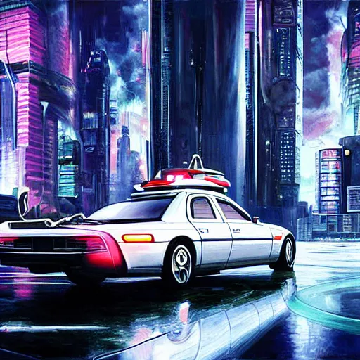 Prompt: flying futuristic taxis in cyberpunk city, hyperrealism oil painting