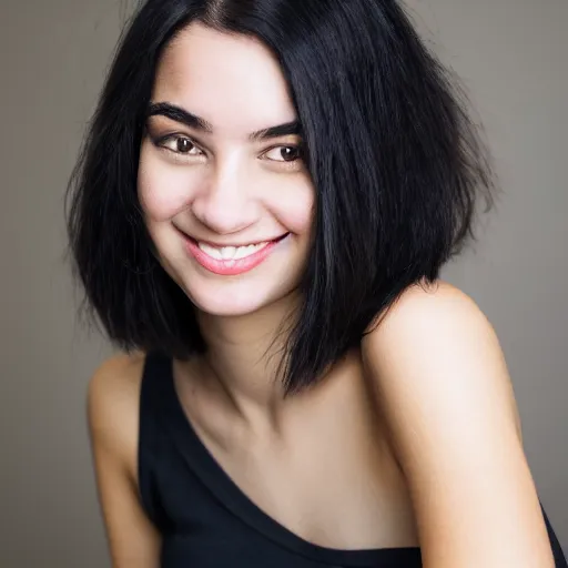 Image similar to young woman with shoulder - length messy black hair, slightly smiling, 1 3 5 mm nikon portrait