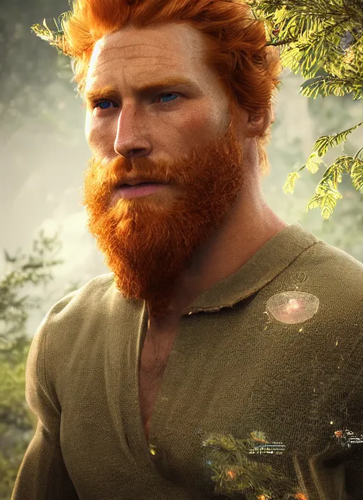 Image similar to beauteous handsome rugged sumptuous man wrapped in dna molecule, incredible ginger hair, projected ray traced oled retinal overlays, crystalline masterpiece incrustations, hyperdetailed face, elegant pose, movie still, intricate, octane render, cinematic forest lighting, cgsociety, unreal engine, crepuscular rays, god rays