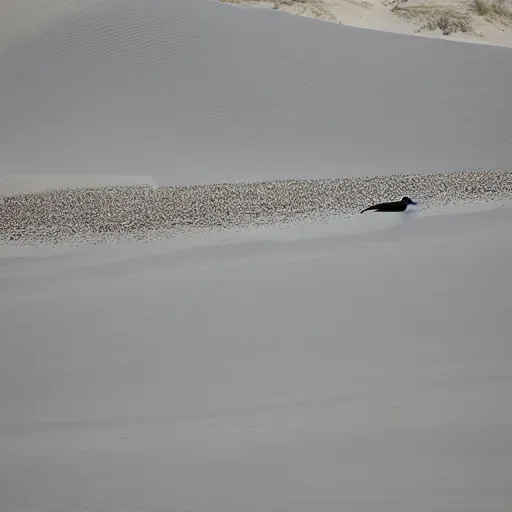 Image similar to penguins sliding in sand dunes, photography