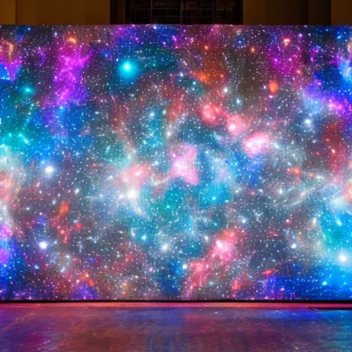 Image similar to an art exhibit featuring spray painted galaxies and sculptures of stars and light projection mapping