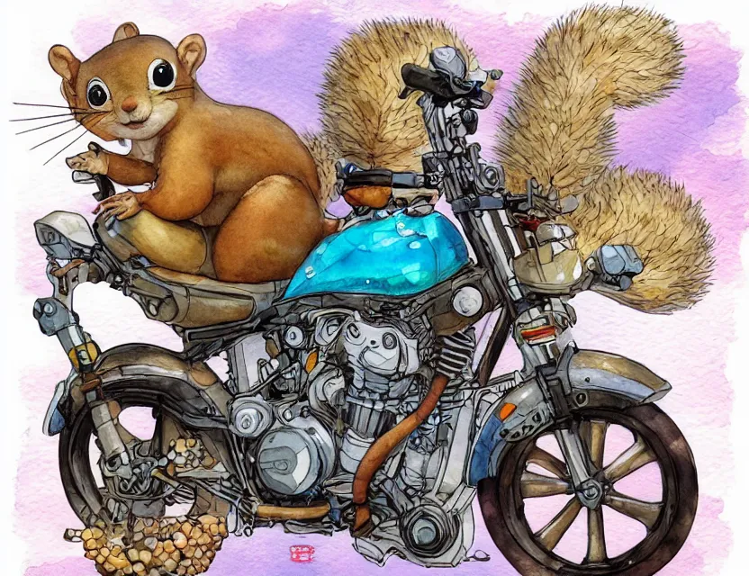 Image similar to cute and funny, a bipedal squirrel washing his motorcycle, centered award winning watercolor pen illustration, isometric illustration by chihiro iwasaki, edited by range murata, tiny details by artgerm and watercolor girl, sharply focused