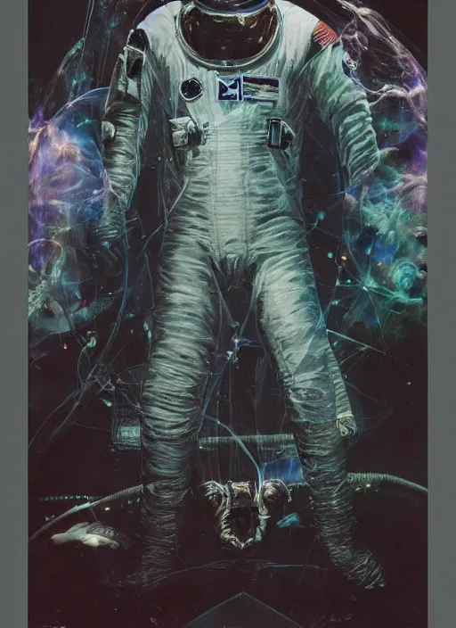 Image similar to astronaut in dark void underwater - complex and hyperdetailed technical suit design. reflection and dispersion materials. rays and dispersion of light. volumetric light. f / 3 2. noise film photo. flash photography. ultra realistic, 5 0 mm. poster by wayne barlowe, hajime sorayama aaron horkey, craig mullins