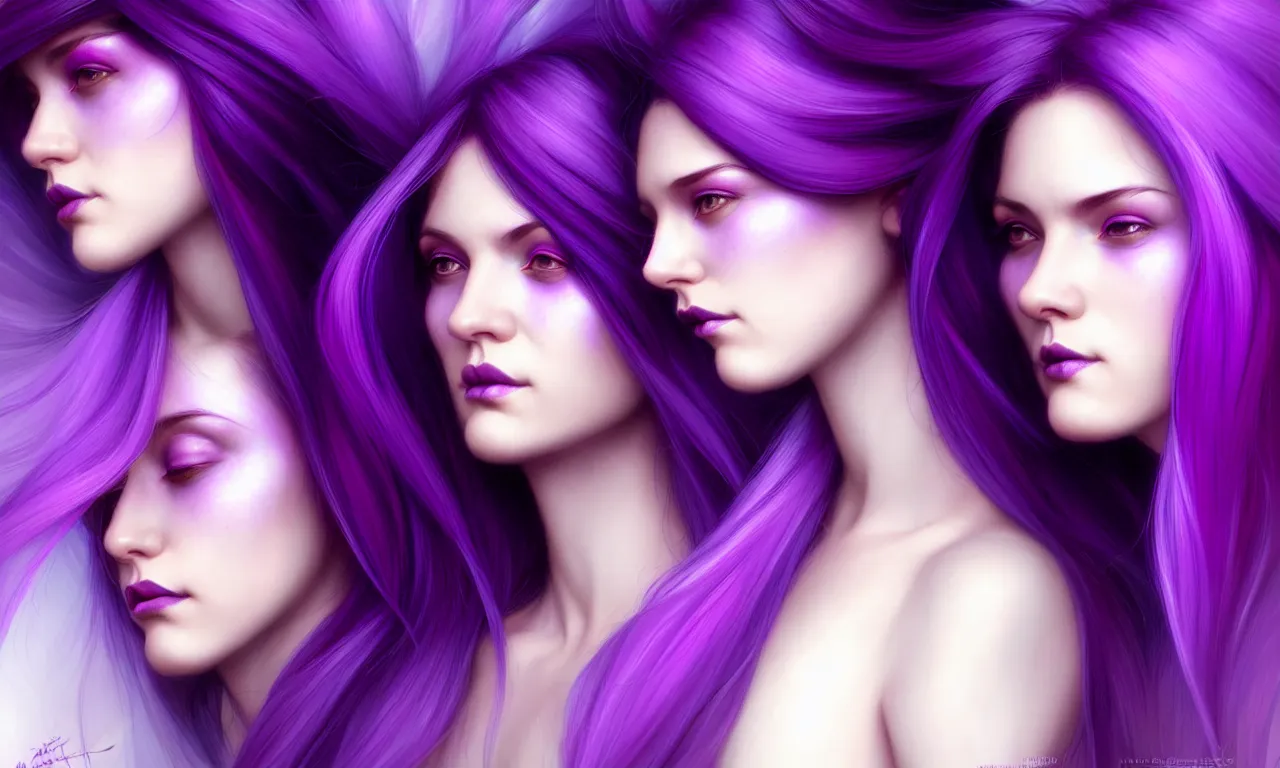 Prompt: Purple hair relistic Portrait of a three woman with bright colored flying hair, all shades of purple. Beauty face, Hair coloring, fantasy, intricate, elegant, highly detailed, digital painting, artstation, concept art, smooth, sharp focus, illustration, art by artgerm and greg rutkowski and alphonse mucha