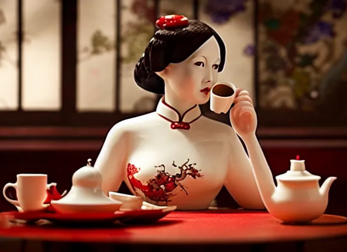 Image similar to movie still of a beautiful woman made out of porcelain sitting at a table in a cafe, wearing a red cheongsam, smooth white skin, creepy, single tea cup in foreground, directed by Guillermo Del Toro