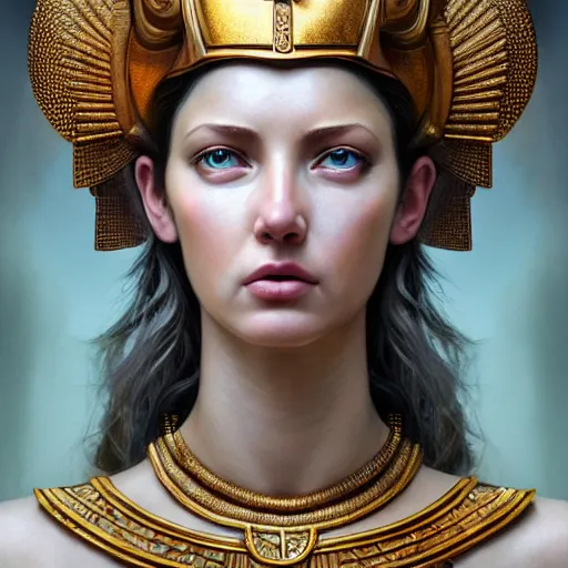 Image similar to hyperrealistic mixed media painting of beautiful goddess Athena, stunning 3d render inspired art by P. Craig Russell and Barry Windsor-Smith, perfect facial symmetry, dim volumetric lighting, 8k octane beautifully detailed render, post-processing, portrait, extremely hyper-detailed, intricate, epic composition, cinematic lighting, masterpiece, trending on artstation, very very detailed, masterpiece, stunning