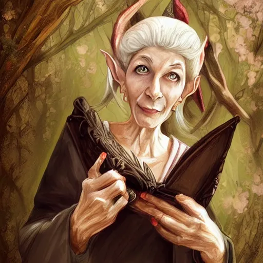 Image similar to A beautiful old female elf holding a scroll, preparing a spell, digital painting, detailed, realism, art station, intricate