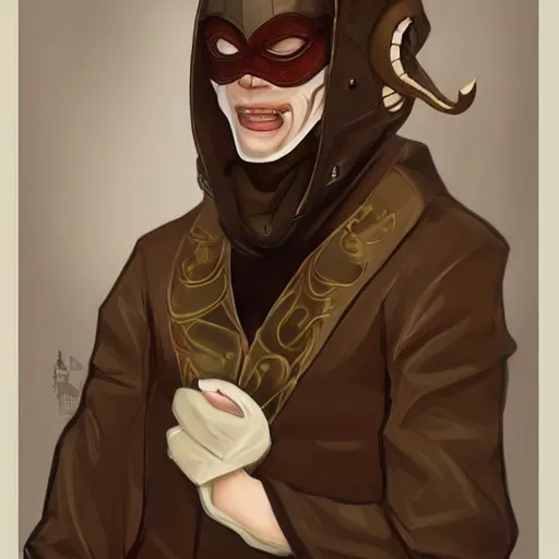Image similar to Snake person of asian descent with a handsome face wearing a mask covering his mouth and nose, long brown hair and a shiny brown trench coat, realistic, D&D art, concept art, human