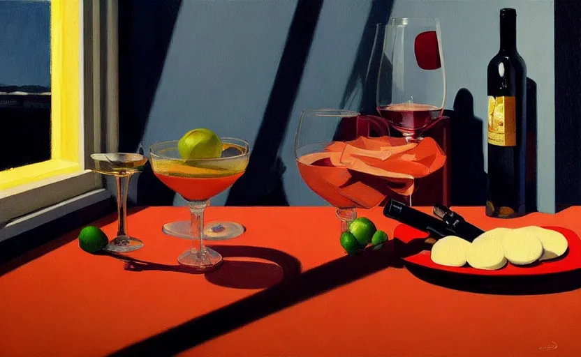 Prompt: beautiful still life featuring tillamook cheese, and red wine and a gun, very coherent, painted by Edward Hopper, painted by James Gilleard, airbrush, art by JamesJean