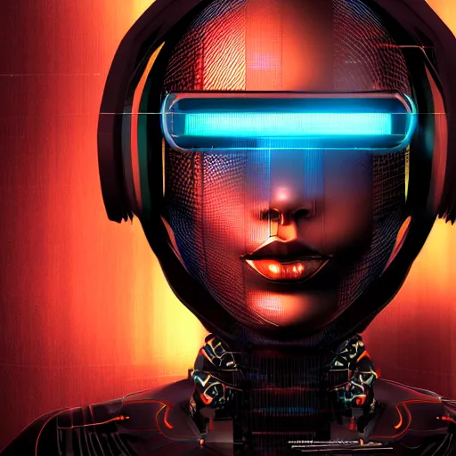 Image similar to cyber robot wearing vr headset, 3 d illutration, profile face portrait, night, detailed, cyberpunk style, character, detailed,