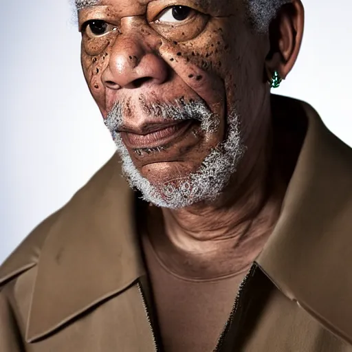 Image similar to a studio photograph of Morgan Freeman dressed as Travis Scott, 40mm lens, shallow depth of field, split lighting