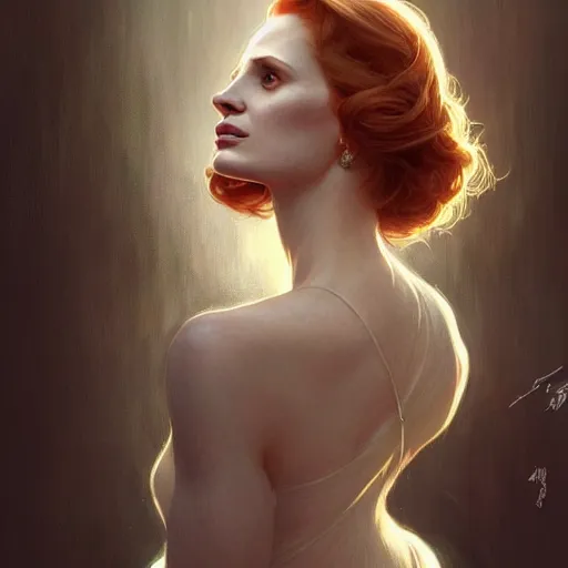 Image similar to beautiful natural Jessica Chastain, intricate, elegant, highly detailed, digital painting, artstation, concept art, smooth, sharp focus, illustration, art by artgerm and greg rutkowski and alphonse mucha and loish and WLOP