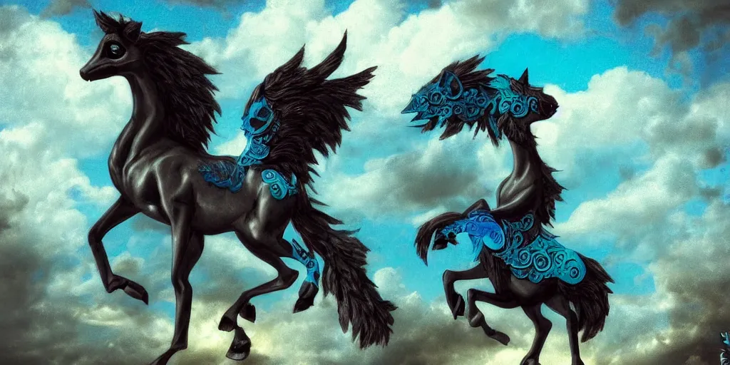 Image similar to 3 d littlest pet shop horse, gothic antique theme, teal, shadow, clouds, dullahan, celtic, intricate, raven, master painter and art style of noel coypel, art of emile eisman - semenowsky, art of edouard bisson