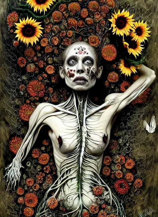 Image similar to beautiful and detailed rotten woman corpse with fractal plants and fractal sunflowers growing around, muscles, veins, arteries, intricate, organs, ornate, surreal, john constable, guy denning, dan hillier