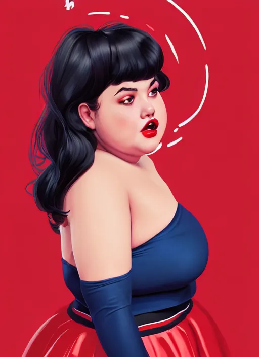 Image similar to full body portrait of teenage veronica lodge, obese, bangs, sultry, realistic, sultry smirk, wavy hair, red skirt, fat, belly, intricate, elegant, glowing lights, highly detailed, digital painting, artstation, concept art, smooth, sharp focus, illustration, art by wlop, mars ravelo and greg rutkowski