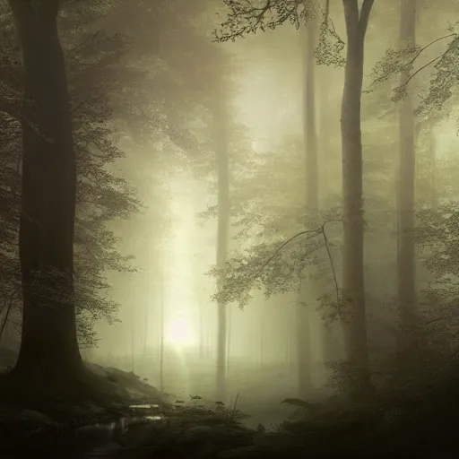 Image similar to [ a dark scene of a dense forest at night with a stream through it, moonlight through trees, volumetric light and mist, fog ], andreas achenbach, artgerm, mikko lagerstedt, zack snyder, tokujin yoshioka