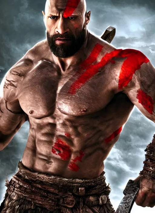 Prompt: film still, a highly detailed beautiful closeup photo of dwayne johnson kratos hybrid god of war holding a sword and fighting zombies on a pile of human skulls, spartan warrior, olympian god, muscular!,, action pose, ambient lighting, volumetric lighting, octane, fantasy