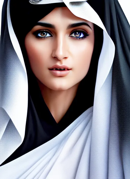 Image similar to arab ameera al taweel, blue eyes, black hair, white veil, in the style of stefan kostic, realistic, sharp focus, 8k high definition, insanely detailed, intricate, elegant, art by stanley lau and artgerm