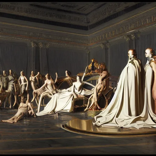 Image similar to full lenght sci-fi cars in the coronation of napoleon painting by Jacques-Louis David and point cloud in the middle and everything in form of zaha hadid architects artwork by caravaggio unreal engine 5 keyshot octane lighting ultra high detail ultra hyper realism 8k 16k in plastic dark tilt shift full-length view