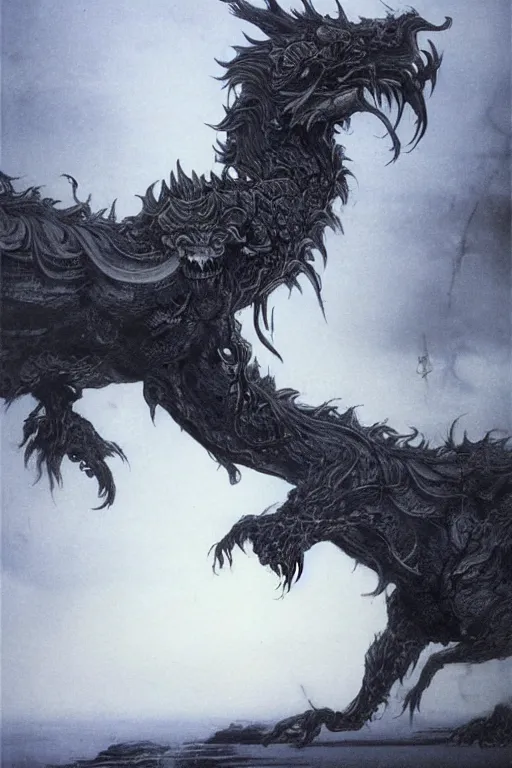 Prompt: oimmortal beast from chinese mythology, chinese dragon slayer concept art, beksinski